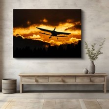 Çift Kanatlı Uçak Altın Kanvas Tablo Biplane Gökyüzü Silüet Tablo