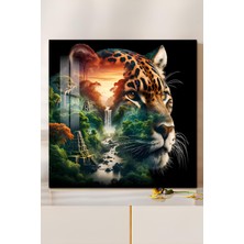 KutuTR 3D Görünümlü Temperli Cam Tablo - Jaguar ve Tropik Orman Temalı 33X33 cm Ebadında Uv BASKI-CTK083