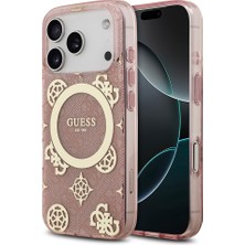 iPhone 17 Pro Uyumlu Kılıf Guess Lisanslı M-Safeli Iml Peony ve 4g Desenli Klasik Logolu Kapak Pembe