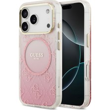 iPhone 17 Pro Uyumlu Kılıf Guess Lisanslı M-Safe Şarj Özellikli 4g Desenli Simli Silikon Kapak Pembe