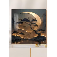 KutuTR 3D Görünümlü Temperli Cam Tablo – Ay ve Bonsai Temalı Uv Baskı 33X33 CM-CTK044