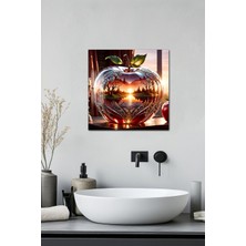 KutuTR 3D Görünümlü Kristal Elma ve Gün Batımı Manzaralı Temperli Cam Kare Tablo 33X33 cm Uv BASKI-CTK008