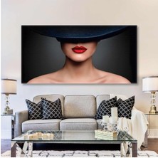GülsenArt Siyah Fötr Şapkalı Kırmızı Rujlu Karizmatik Model Yatay Panoramik Hd Baskı Kanvas Tablo