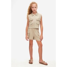 Nk Kids Kız Çocuk 8-14 Yaş Cep Detaylı Jakarlı Saten Şort 58340 Vizon