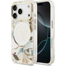 iPhone 17 Pro Kılıf Guess Lisanslı M-Safeli Simli Çiçek Desenli Metal Kamera Çerçeveli Kapak Beyaz