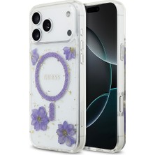 iPhone 17 Pro Max Uyumlu Kılıf Guess Lisanslı M-Safe Özellikli Transparan Resin Flowers Kapak Mor