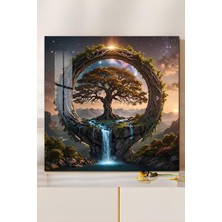 KutuTR 3D Görünümlü Temperli Cam Tablo – Sonsuzluk Çemberi ve Yaşam Ağacı Şelale Uv Baskı 33X33 CM-CTK064