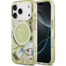 iPhone 17 Pro Kılıf Guess Lisanslı M-Safeli Simli Çiçek Desenli Metal Kamera Çerçeveli Kapak Yeşil