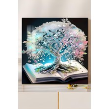 KutuTR 3D Görünümlü Temperli Cam Tablo – Kitap Üzerinden Hayat Ağacı Uv Baskı 33X33 CM-CTK079
