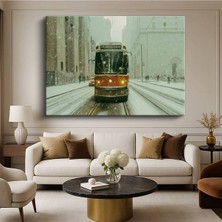 Tramvay Karlı Şehir Merkezi Kanvas Tablo Nostaljik Ulaşım Raylı Sistem Tablo