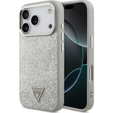 iPhone 17 Pro Uyumlu Kılıf Guess Lisanslı M-Safeli Metal Kamera Çerçeveli Üçgen Logolu Glitter Gri