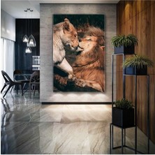 Ormanlar Kralı Aslan ve Ailesi Doğa Love Hayvan Dikey Hd Dijital Baskı Kanvas Tablo
