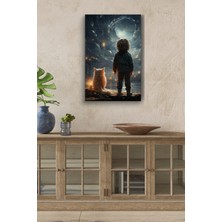 GülsenArt Ay Işığına Bakan Kedi ile Çocuk Hd Baskı Kanvas Tablo Hd Dijital Baskı Dikey Kanvas Tablo