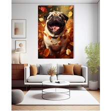 Pug Köpek Yapraklı Dekoratif Hd Dijital Dikey Baskı Kanvas Tablo