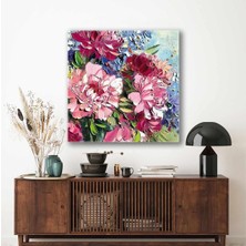 Pembe ve Mavi Krizantem Çiçek Buketi Fırça Izleri Kare Hd Baskı Kanvas Tablo