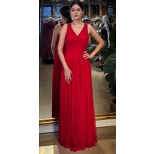 Abiyeniall Kırmızı V Yaka Kalın Askı Kloş Etekli  Şifon Uzun Abiye Elbise 11098-01