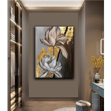 Dikey Kanvas Tablo Hd Baskı Dekoratif Modern Siyah Gri Gold Şık Çiçek