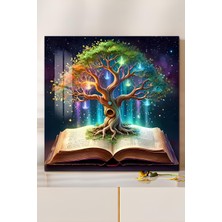KutuTR 3D Görünümlü Temperli Cam Tablo – Kitap ve Hayat Ağacı Temalı Uv Baskı 33X33 CM-CTK100