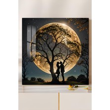 KutuTR 3D Görünümlü Temperli Cam Tablo – Ay ve Aşk Silüeti Romantik Tasarım Uv Baskı 33X33 CM-CTK036
