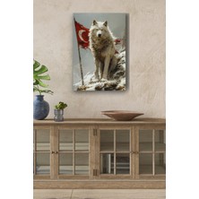 GülsenArt Arkasında Türk Bayraklı Beyaz Kurt Yağlı Boya Görünümlü Hd Dijital Baskı Dikey Kanvas Tablo 2