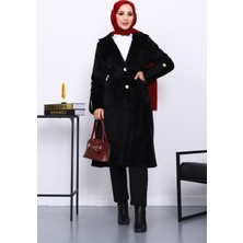 İmaj Butik Siyah Kruvaze Yaka Kol Apoletli Angora Kaban