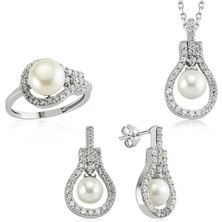Gumush Hk Gümüş Kadın Set İnci Damla |Gümüş Takı Hediyelik Ürünler
