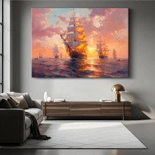 Yelkenli Gemiler Altın Günbatımı Kanvas Tablo Filo Deniz Yolculuğu Tablo