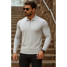 Comstar Erkek Trend Fermuarlı Uzun Kollu Gri Polo Yaka Kazak