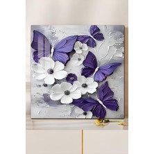 KutuTR 3D Görünümlü Temperli Cam Tablo – Mor Kelebek ve Çiçek Teması Uv Baskı 33X33 CM-CTK031