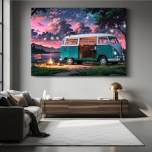 Volkswagen T1 Turkuaz Kamp Kanvas Tablo Minibüsü Günbatımı Hippie Tablo