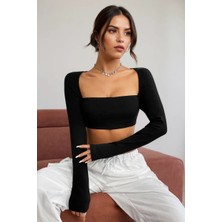 Kadın Siyah Uzun Kol Göğüs ve Sırt Dekolteli Crop Top Bluz - Şık, Rahat ve Kolay Kombinlenebilir