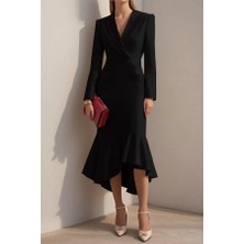 Mareandpanda Kadın Uzun Kollu Yakalı Belden Oturtmalı Midi Ithal Krep Elbise