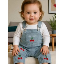 Altıntaş Baby Kiraz Nakışlı Örme Kot Kumaş Salopet T-Shirt Mevsimlik 2li Set