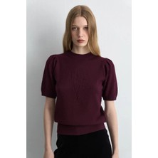 Gusto Gül Kabartmalı Ajurlu Viskon Triko Bluz - Mürdüm