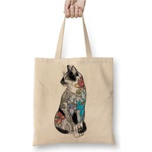 Toyaso Renkli Cats Kedi Çiçekli Beyaz Bez Çanta Uzun Saplı Alışveriş Çantası Plaj Çantası
