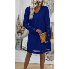 Arben Boutique Kadın Uzun Kollu V Yakalı Tül Şerit Detaylı Mini Krep Elbise