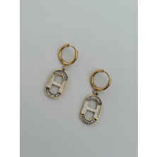 Marsel Oval Beyaz Mineli Zirkon Taşlı Vip Gold Çelik Sallantılı  Küpe