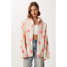 Happiness İstanbul Baskılı Mevsimlik Ham Keten Ceket LSA0017 Krem Pembe