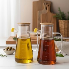 Krommet Bambu Kapaklı Vakumlu Borosilikat Cam Yağlık Sirkelik Seti - 2'li Yağdanlık Sirkelik Seti 900 ml