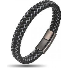 Figuen Siyah Beyaz Deri Örgü Çelik Bileklik 9593B4D1