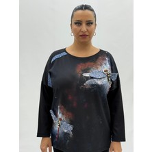 AlanyaXXL Büyük Beden Motifli Payet Detay Geniş Kalıp Kışlık Kadın Bluz