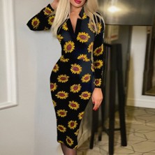 Nnstartshopping  Kadın Uzun Kollu V Yaka Puantiyeli Krep Midi Boy Elbise