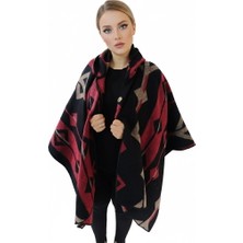 Exve Exclusive Kırmızı Bej Siyah Etnik Tasarım Desenli Yünlü Sıcak Tutan Kapüşonlu Unisex Kampçı Panço Kışlık Şal