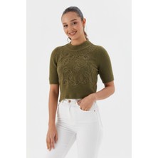 Shopping Shop Kabartma Desenli Kısa Kol Bluz Hakı