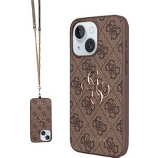 iPhone 15 Plus Kılıf Guess Lisanslı Pu Deri 4g Büyük Metal Logolu Çapraz Vücut Askılı Kapak Kahveren