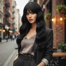 Moda Juan Dalgalı Perçemli Fiber Sentetik Orta Boy Peruk / Siyah