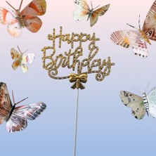 Parti Sürprizi Gold Happy Birthday Lüx Taşlı Pasta Süsü