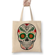 Toyaso Renkli ve Desenli Kuru Kafa Skull Beyaz Bez Çanta Uzun Saplı Alışveriş Çantası Plaj Çantası