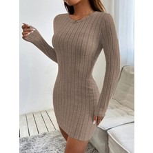 Nnstartshopping  Kadın Uzun Kollu Bisiklet Yaka Şardonlu Kalın Fitilli Kaşkorse Mini Boy Elbise