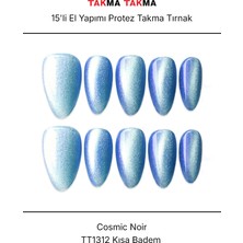 Takma Takma 15'li Mavi Kısa Badem TT1312 Tekrar Kullanılabilir El Yapımı Protez Takma Tırnak - Mavi-M